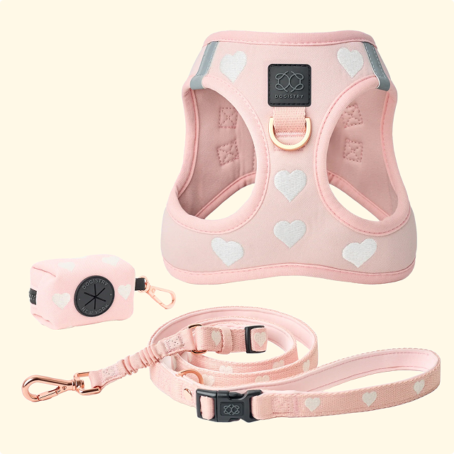 Product bundle showcase of the pink heart collection: step-in harness with rose gold D-ring, bungee leash, and matching waste bag dispenser.