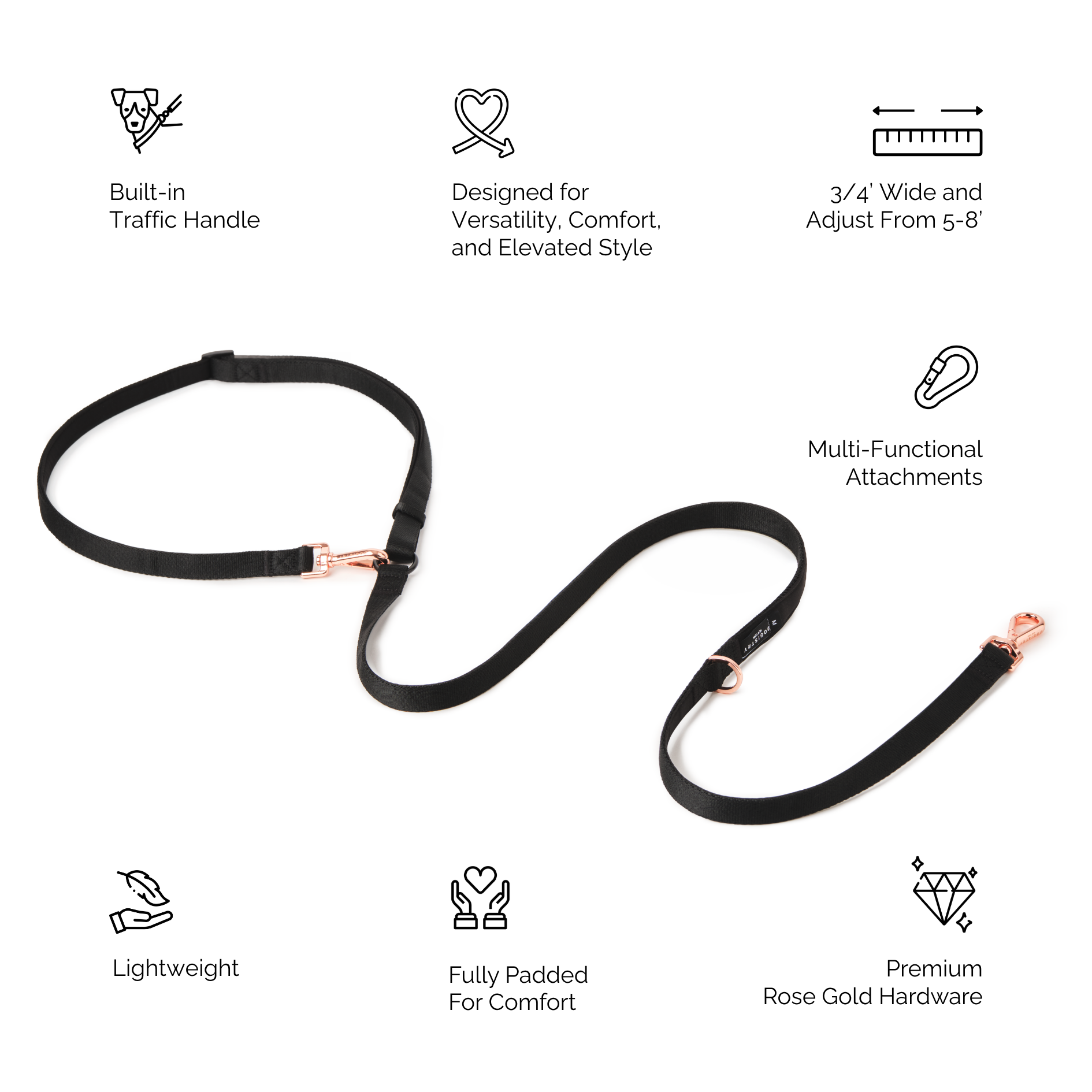Metro Hands Free Leash - Black / Shiny Rose Gold