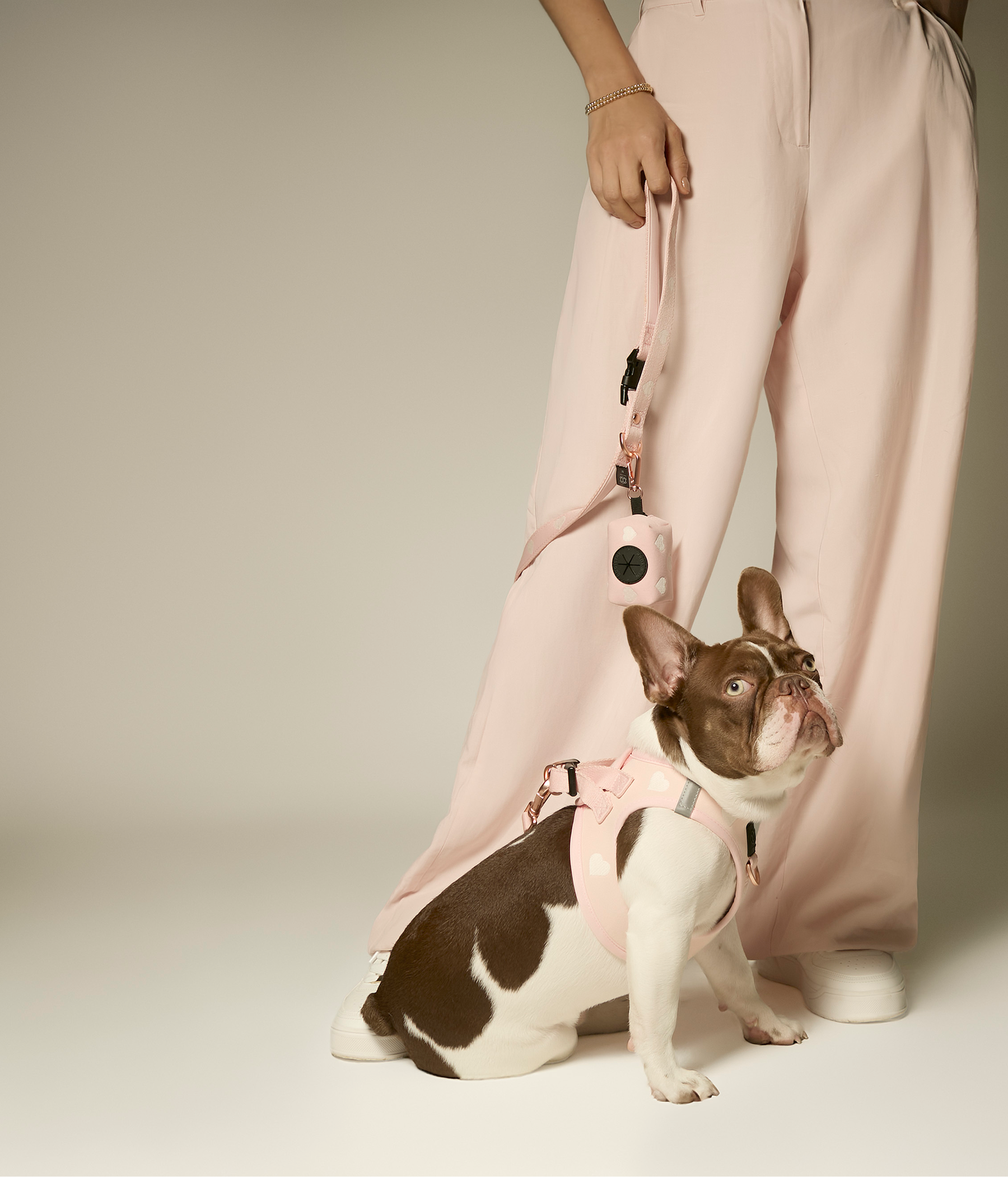 Close-up of a French Bulldog in a premium pink heart harness and matching waste bag dispenser, styled with a woman in pink trousers.