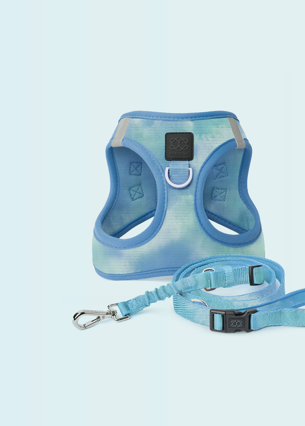 Sky blue marble-patterned breathable mesh dog harness paired with a matching bungee leash and high-security metal clips.