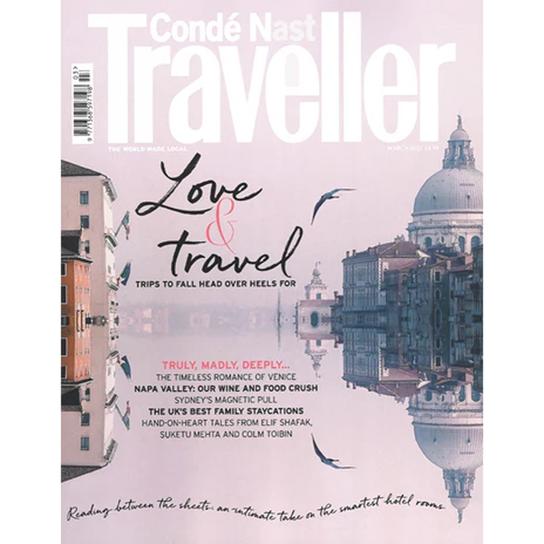 Condé Nast Traveller magazine cover featuring the romantic canals of Venice, representing the travel-friendly lifestyle of Dogistry pet accessories.