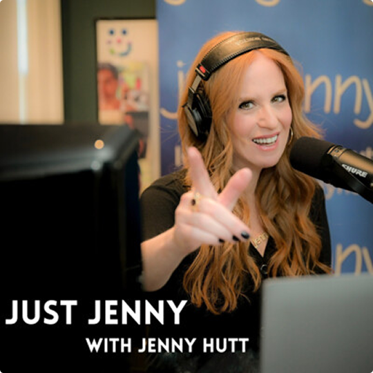 Jenny Hutt from 'Just Jenny' in a radio studio, highlighting media features and interviews about the brand.